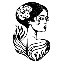 Elegant vintage woman portrait with floral details in monochrome rendering