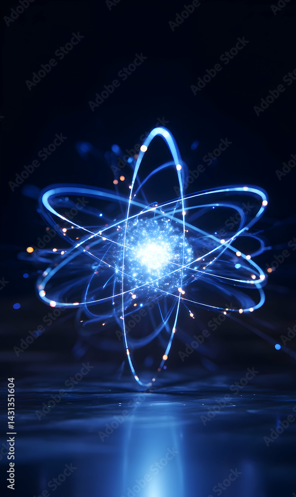 Aufkleber brilliant atom core with glowing trails around structure representing power of science research