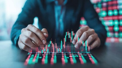 A businessman analyzes financial data on a digital tablet, showcasing collection market trends with colorful graphs and indicators.