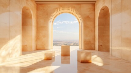 Beige architectural space showcasing a panoramic view.
