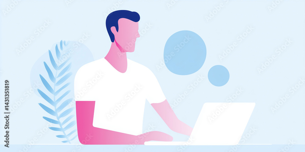 Poster young man working on a laptop with colorful abstract shapes in the background showcasing a modern wo