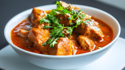Authentic Chicken Tikka Masala in Bowl Garnished with Fresh Cilantro and Rich Red Sauce