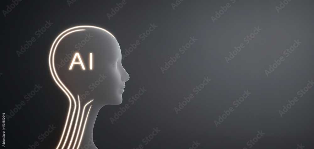 Poster futuristic head silhouette with glowing lines and ai text on the forehead, representing artificial i