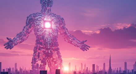 An imposing technological titan stands tall, radiating with energy and innovation. Its body constructed of intricate circuits and components.