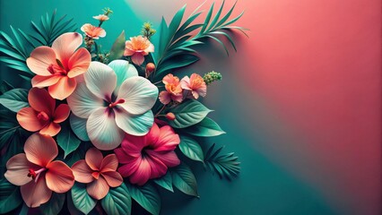 Obraz premium Vibrant Tropical Floral Arrangement with Lush Green Foliage Against a Dual-Tone Background, Perfect for Summer Designs and Festive Celebrations