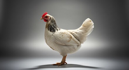 Isolated hen portrait showcases a white plumage against soft gray backdrop