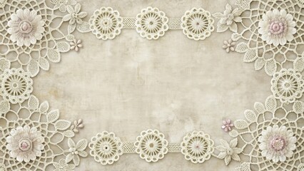 Elegant Cream Lace Doilies and Floral Accents on Textured Background, Perfect for Vintage-Inspired Designs and Projects