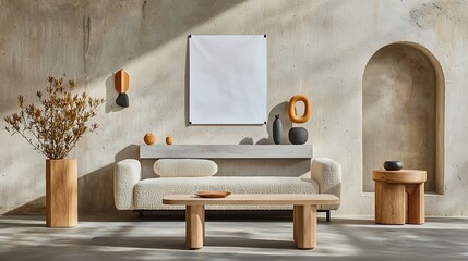 Cozy minimalist living room. Includes sofa, art, table, and decor elements