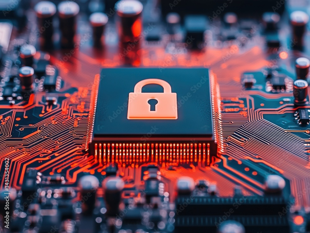 Poster a close-up view of a microchip featuring a padlock symbol, representing cybersecurity and digital pr