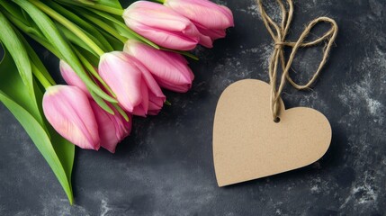 Spring, Mother's Day, Birthday or Valentine's Day greeting card - Pink tulips bouquet bunch tulip flowers with heart gift tag on table.