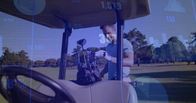 Male golfer inspecting club on fairway, showing tech performance charts and monthly metrics - Powered by Adobe