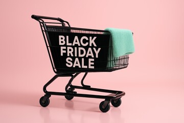 Black friday sale shopping cart with teal blanket on pastel pink background