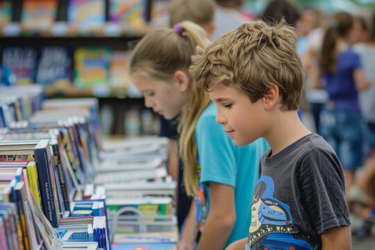 Book fair with children browsing new books