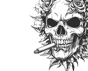 Obraz premium skull with broken teeth biting cigarette and crushed rose, chaotic vintage tattoo style, gritty black and white vector