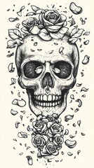 smoking skull exhaling rose petals instead of smoke, surrealist tattoo flash design, dark whimsical vector ink drawing