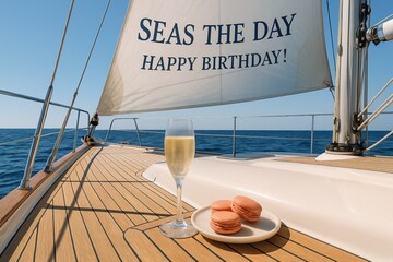 Birthday celebration on a yacht with champagne and macarons under sunny skies