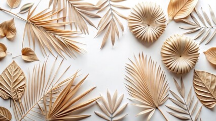 Elegant Arrangement of Dried Tropical Leaves and Palm Fronds on White Background