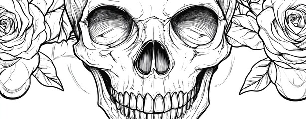 smoking skull with rose vines curling around jaw, gritty outlaw tattoo vibe, ink sketch vector style, bold black and white