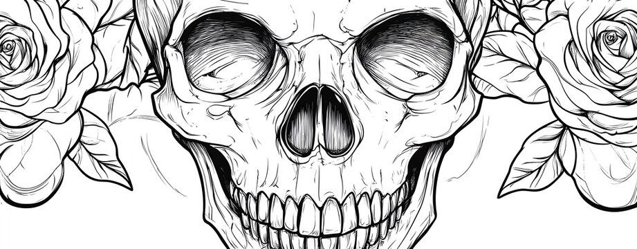 smoking skull with rose vines curling around jaw, gritty outlaw tattoo vibe, ink sketch vector style, bold black and white