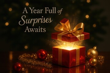 Festive holiday season: glowing gift box and christmas decorations await