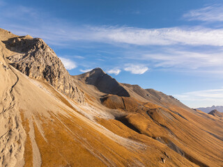 Aerial view of the scenery around a mountain pass in Grisons, Switzerland