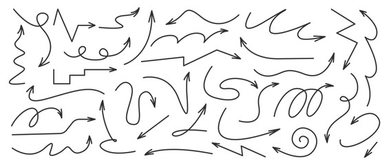 Doodle black arrows. Scribble direction pointers symbols. Collection of various simple linear arrows. Mark up down left right twisted. Hand drawn spiral, twist, curve, wave, swirl lines, arrows. Vecto