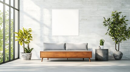 Modern living room. White brick wall, sofa, potted plants, and large windows with natural light