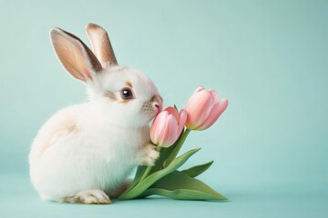 Obraz premium Adorable white bunny nuzzling pink tulips on pastel background