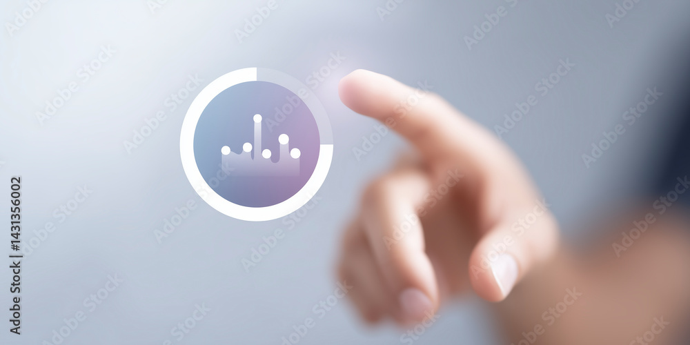 Poster interactive digital interface with hand touching data visualization elements for technology and inno