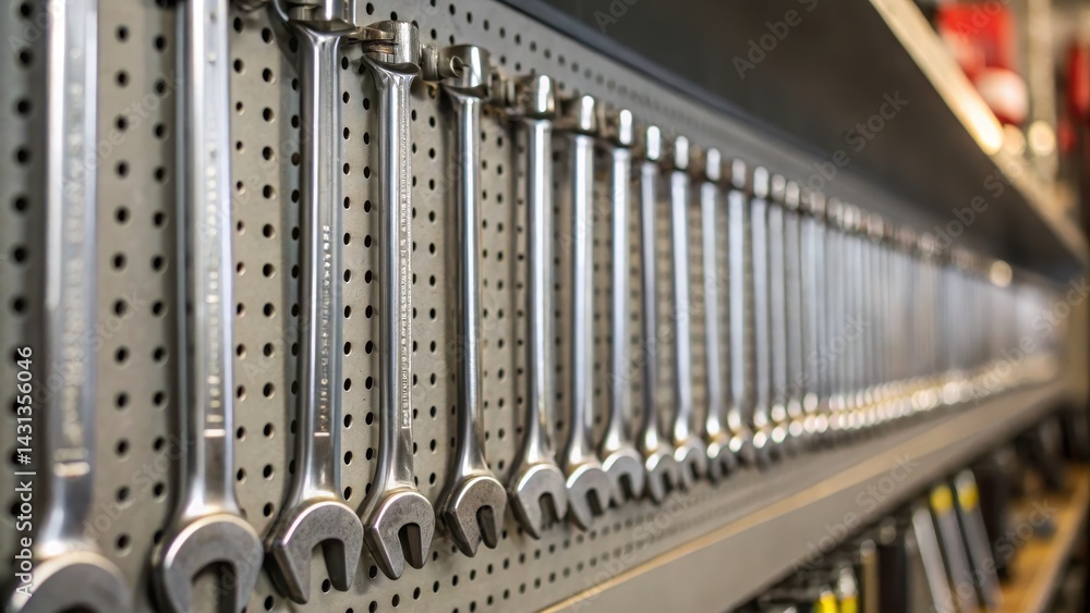 Aufkleber industrial workshop car garage performance concept. a row of shiny wrenches displayed on a pegboard 