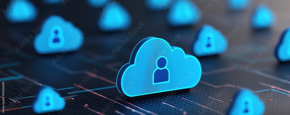 Poster a digital drawing featuring blue cloud icons with user silhouettes, representing cloud computing and