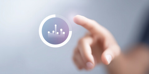 Interactive digital interface with hand touching data visualization elements for technology and innovation concept