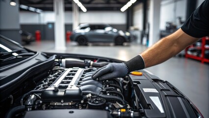 Obraz premium industrial workshop car garage performance Concept. Mechanic inspecting a car engine in a modern garage setting.
