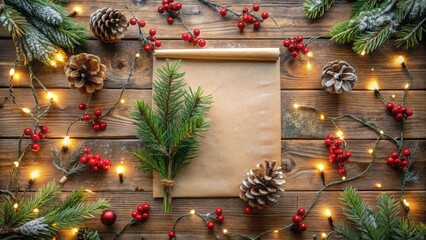 Rustic Winter Holiday Scene Featuring Evergreen Branches, Pinecones, Festive Berries, and Twinkling Fairy Lights with a Blank Paper Scroll for Your Message