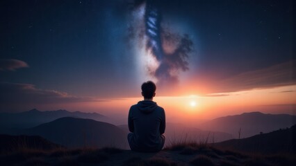 Man Meditates Under Night Sky: Serene Mountain Landscape with Stars, Spirituality, Mindfulness, and Cosmic Connection