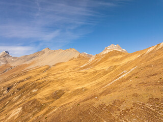 Aerial view of the scenery around a mountain pass in Grisons, Switzerland