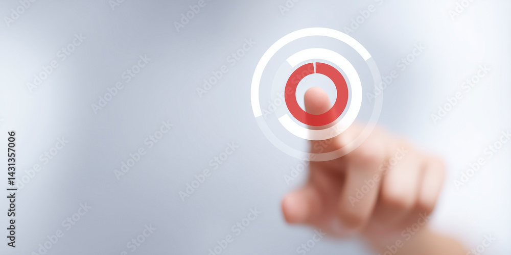Poster interactive touch interface with a finger pressing a digital button, technology concept, user engage