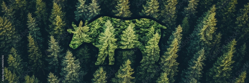 Poster animal shape created by treetops from above highlights abstract connection between wildlife and fore