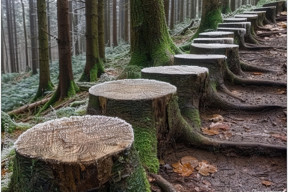 Poster tree stumps create a natural pathway in a tranquil forest setting.