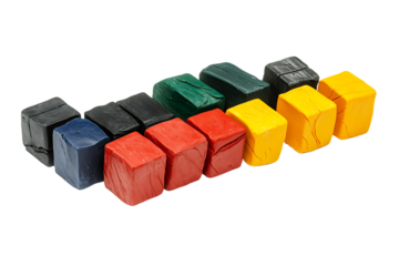 Row of Textured, Hand-Painted Wooden Cubes in Primary and Secondary Colors on White.