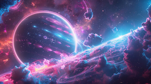 A futuristic space scene with intricate fractal designs, glowing rings, and high-resolution visual effects in blue and pink hues, highlighting cosmic energy