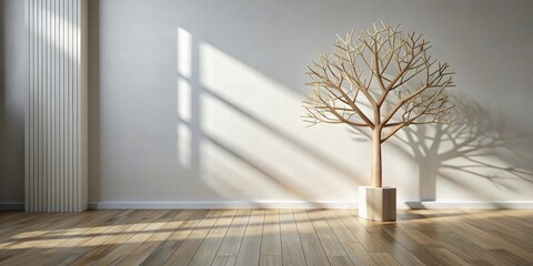 Minimalist interior scene featuring a wooden tree sculpture in a sunlit room