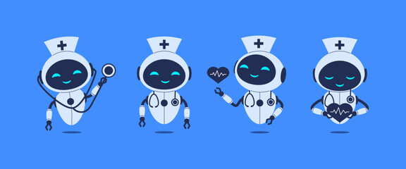 Medical AI robot set with healthcare elements. Vector illustration for artificial intelligence in medicine, healthcare automation, and robotic doctors