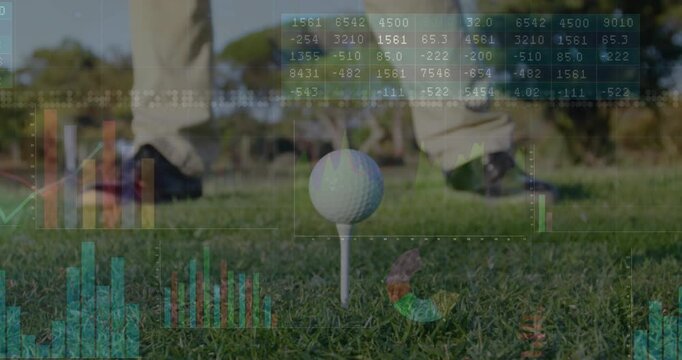Golf performance analytics being visualized on closeup ball tee in 3D render, overlaying charts