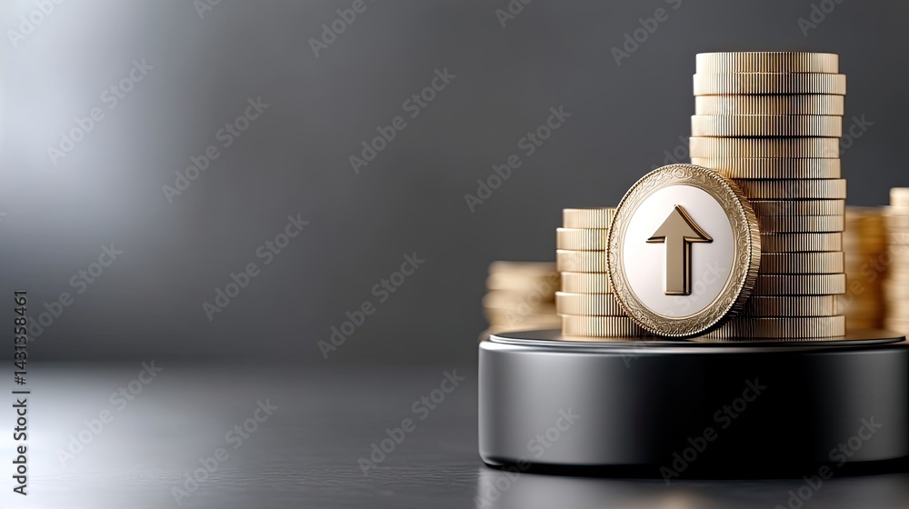 Aufkleber 3d rendering features a stack of gold coins on a podium with an upward arrow, emphasizing business g