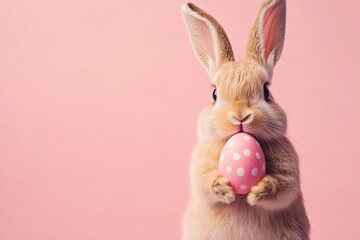 Obraz premium Adorable bunny holding polka dot egg on pink background