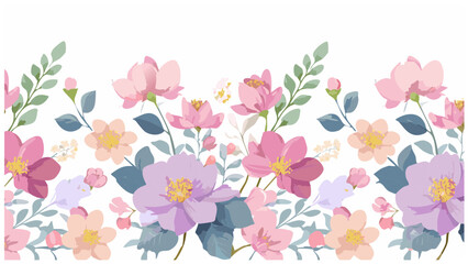 Flower seamless pattern with abstract floral branches with leaves, blossom lilac pink pastel flowers. Vector nature illustration in vintage watercolor style on light white background