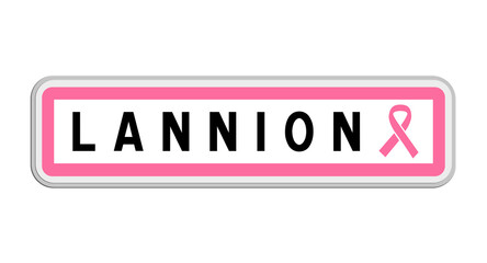 Panneau de sortie de Lannion, Côtes-d'Armor, Bretagne avec Ruban Octobre Rose