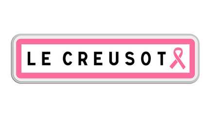 Panneau de sortie du Creusot, Saône-et-Loire, Bourgogne-Franche-Comté avec Ruban Octobre Rose