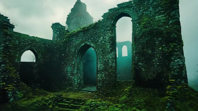 overgrown ruins of ancient castle surrounded by fog, symbolic composition of mystery and history, cinematic atmospheric background